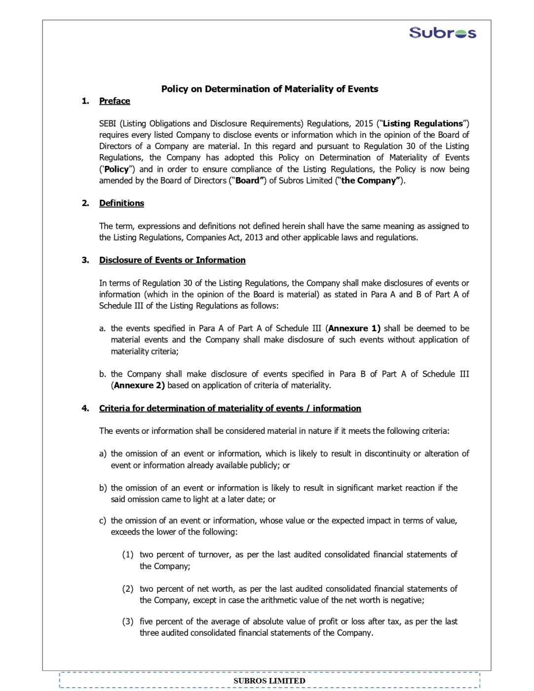 Policy for determination of Materiality  of Events